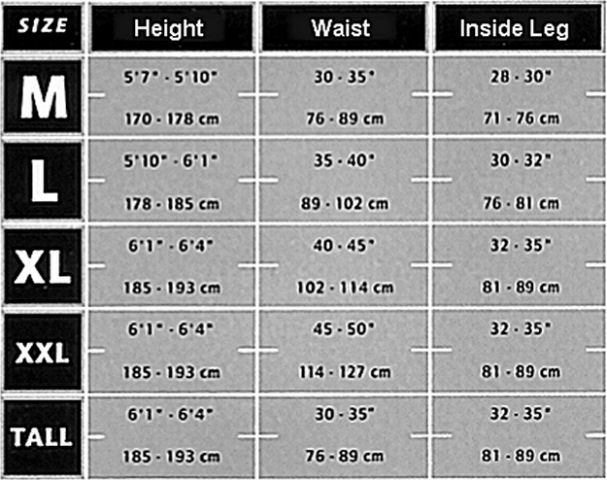 Legs Size Chart